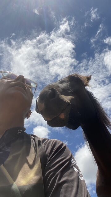 Pessoa ao lado de um cavalo sob o céu aberto